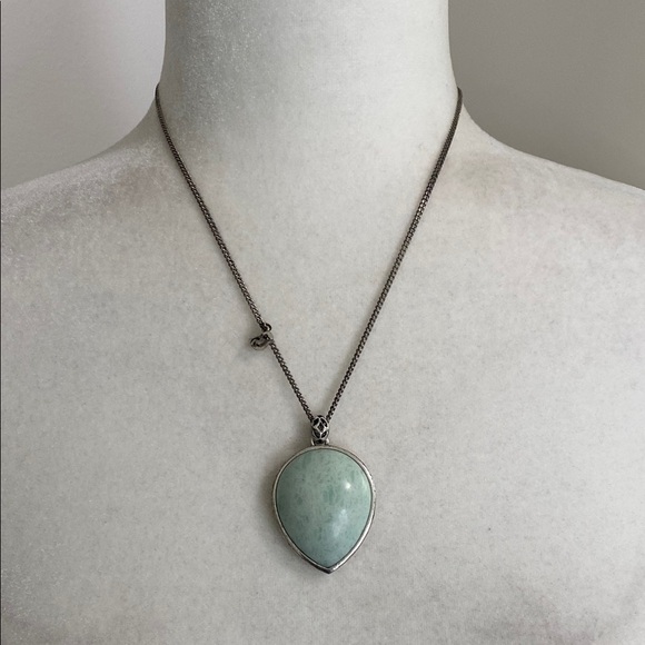 Fossil Turquoise Teardrop Stone Silver Necklace with Bird Charm Accent Vintage - Picture 2 of 16